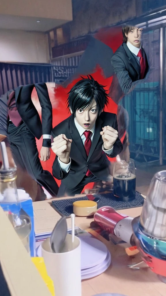 Trio of suit and tie,dynamic pose,nervous expression, with red background,death note style