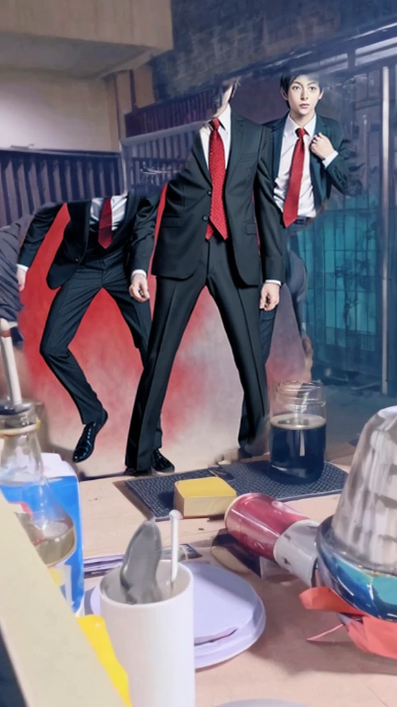 Trio of suit and tie,dynamic pose,nervous expression, with red background,death note style