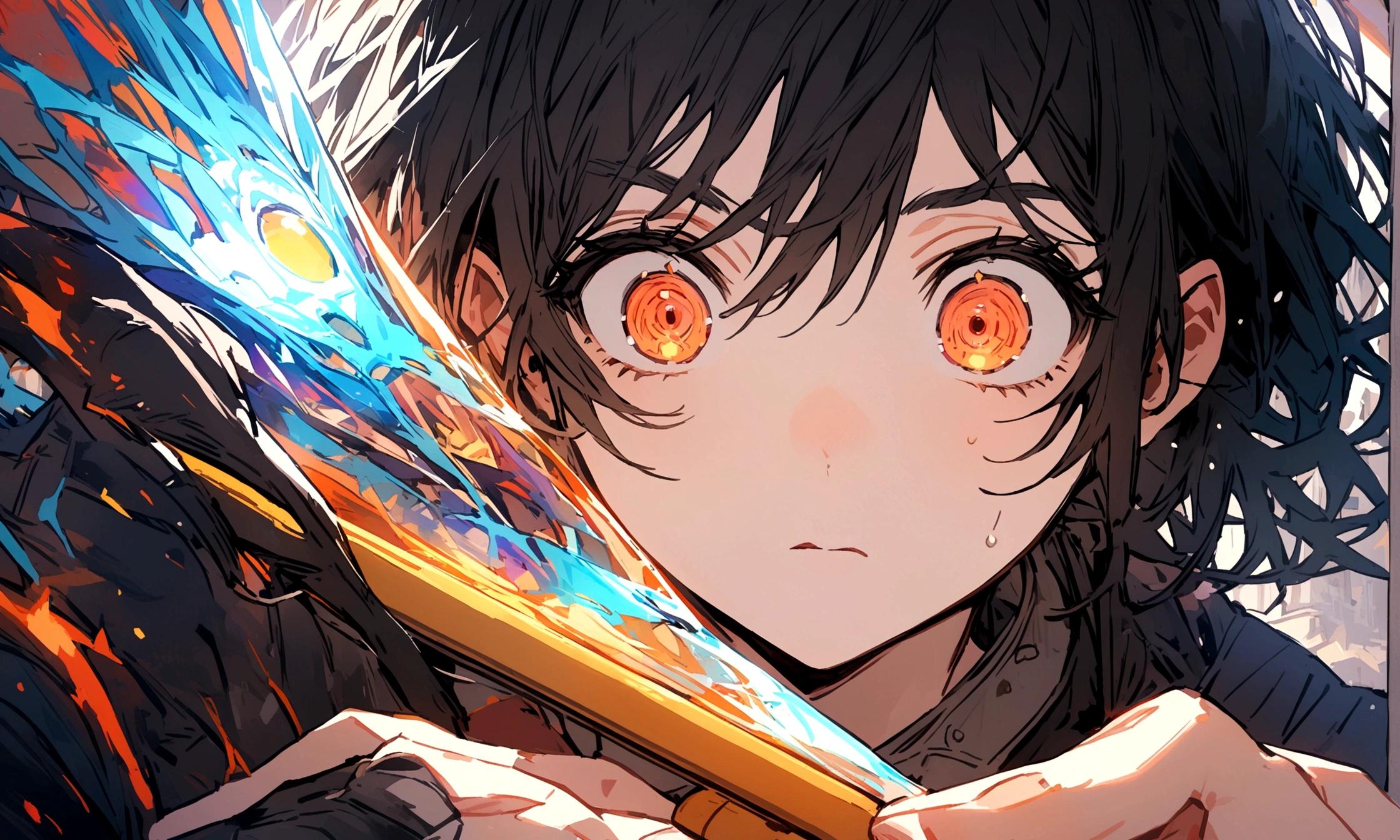 A close-up of the protagonist's eyes widening as they discover a new tool on the website.