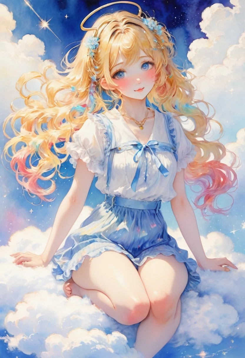 (highest quality)、(masterpiece:1.2)、(colorful:0.9)、(color scattering)、(watercolor painting)、sharp focuodel shot, High resolution, (anime style:1.1), ) ((highest quality)), (Super detailed), (beautiful), alone, beautiful face、(Detailed cute cute woman sitting on a fluffy cloud, in the night sky with twinkling stars and a beautiful glowing moon, listening to music with headphones on and happily closing her eyes:1.3)、 nude、(Colorful long shiny blonde hair:1.2),colorful eyes,dramatic、Full body Esbian、pastel colour