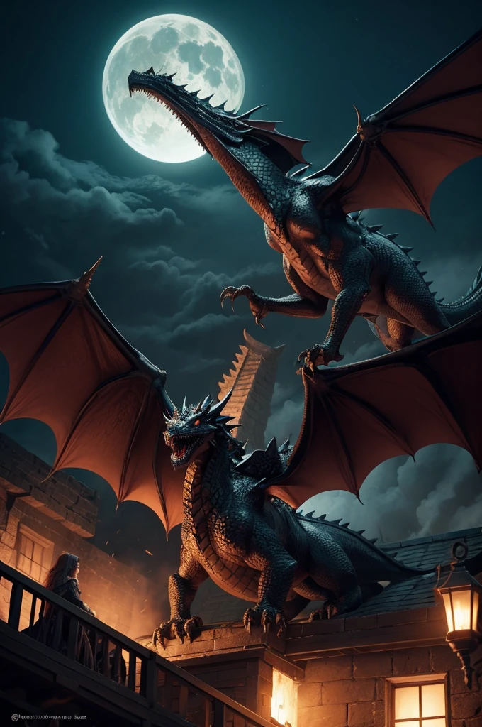 Create 4 Game of Thrones style dragons roaring on a rooftop at night
