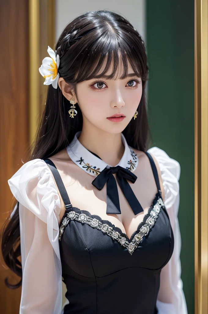 8K, Black velvet bunny girl costume, velvet,((big boobs:1.3)) 20 year old woman, background bokeh, Blurred feeling, girls' room, laughter, white skin skin, pretty girl, chest on the table, white choker and black bow tie, white cuffs, ponytail