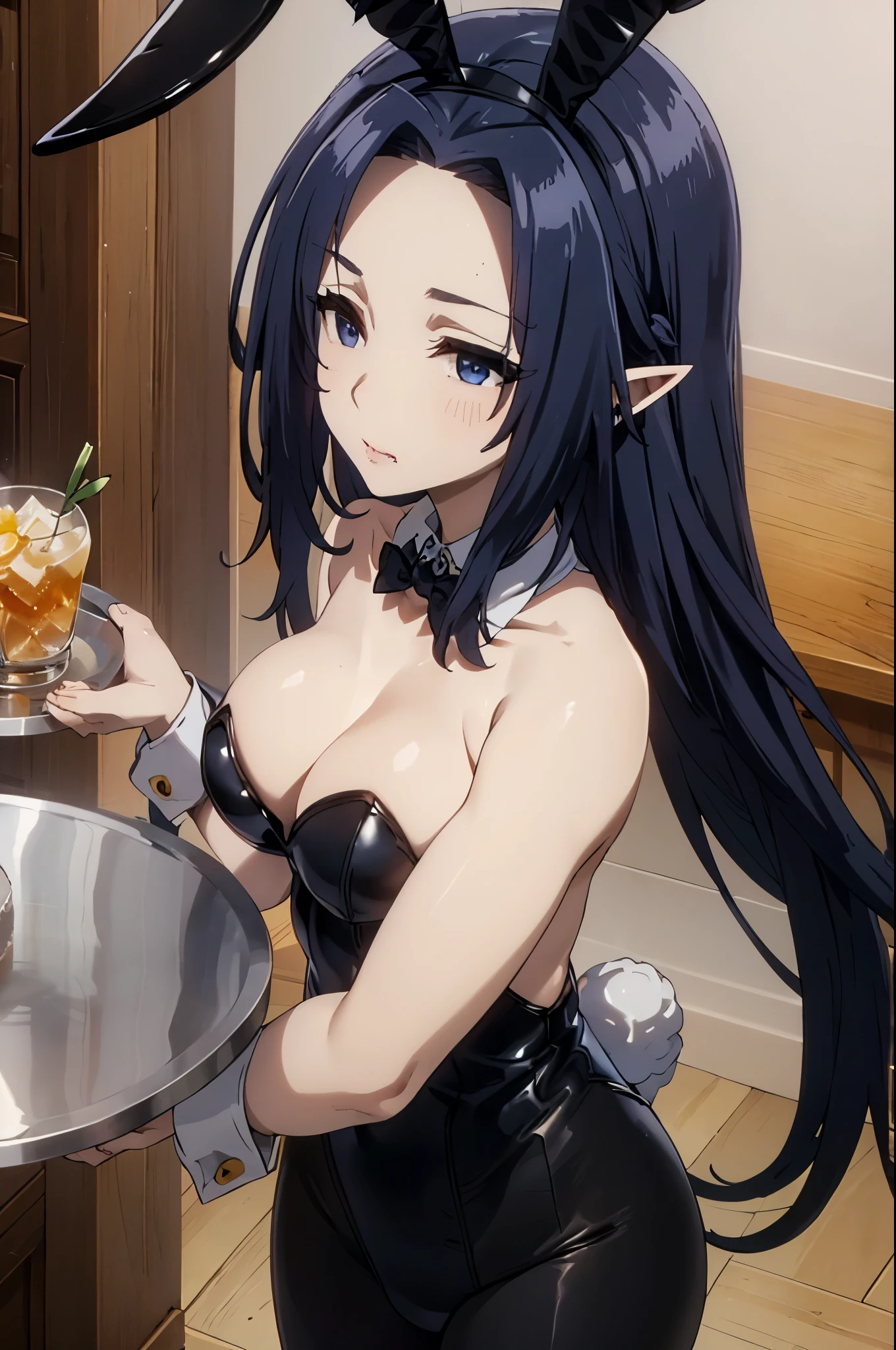 dark blue hair,,long hair,blue eyes,pointy ears,elf,,(((black bunny suit,bunny ears))),in the club,tray,drinks