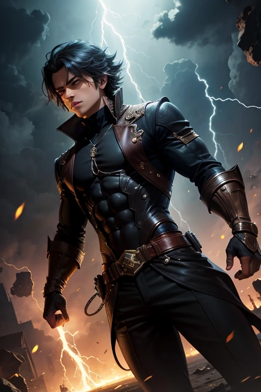 Elementary rays male character, with powers of shadow and lightning, (blackquality hair),(yellow eyes)