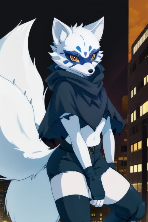Alopex, arctic fox, tmnt, blue mark face, orange eyes, girl1, solo, city, black cloak, bandage, tail, black shorts