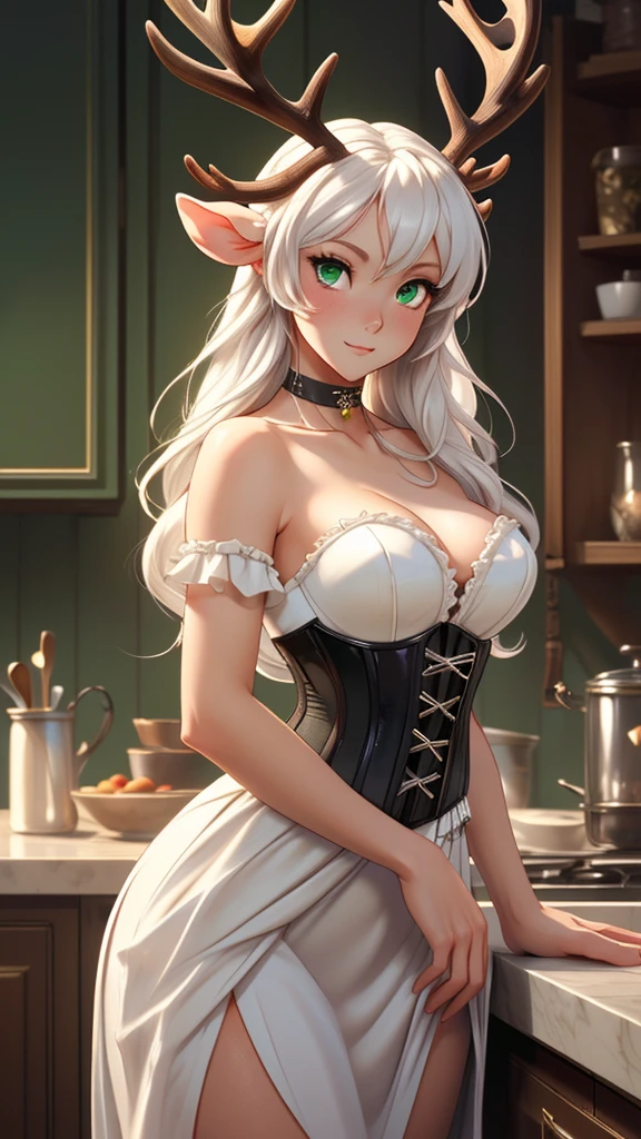 Deer Girl, ((without antlers)) Gentle, ((white colored hair)) ((Eat a cute reindeer tail)) Long Beautiful Hair, ((Beautiful and detailed face)), Charming, Kind expression on his face, Facing the camera, ((Skin color: white)), Body glare, ((Clear and detailed eyes)), ((Beautiful Female Eyes)), ((green colored eyes)), ((Perfect Sexy Figure)), ((Ideal body shapes)) ((Detailed hands)), big thighs, ((Subtle and beautiful)), ((sexy clothes: ((White Medieval Dress)) z ((black corset)) and sexy neckline, chocker on neck)), Standing like a servant, background: Modern Kitchen Beautiful House, Depth of field, ((ultra quality)), ((tmasterpiece)), ((clear image)), ((crisp details)), ((Realistic)), ((Professional Photo Session)), ((Clear Focus)), the anime, ((Colorfully drawn)), NSFW