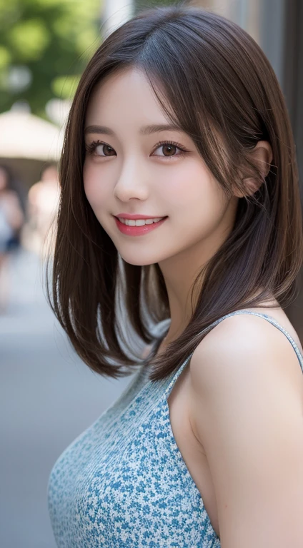 masutepiece, Best Quality, Illustration, Ultra-detailed, finely detail, hight resolution, 8K Wallpaper, Perfect dynamic composition, Beautiful detailed eyes, summer  dress,Medium Hair, Natural Color Lip, Random and sexy poses,Smile,Aoyama Street Walk、20 years girl