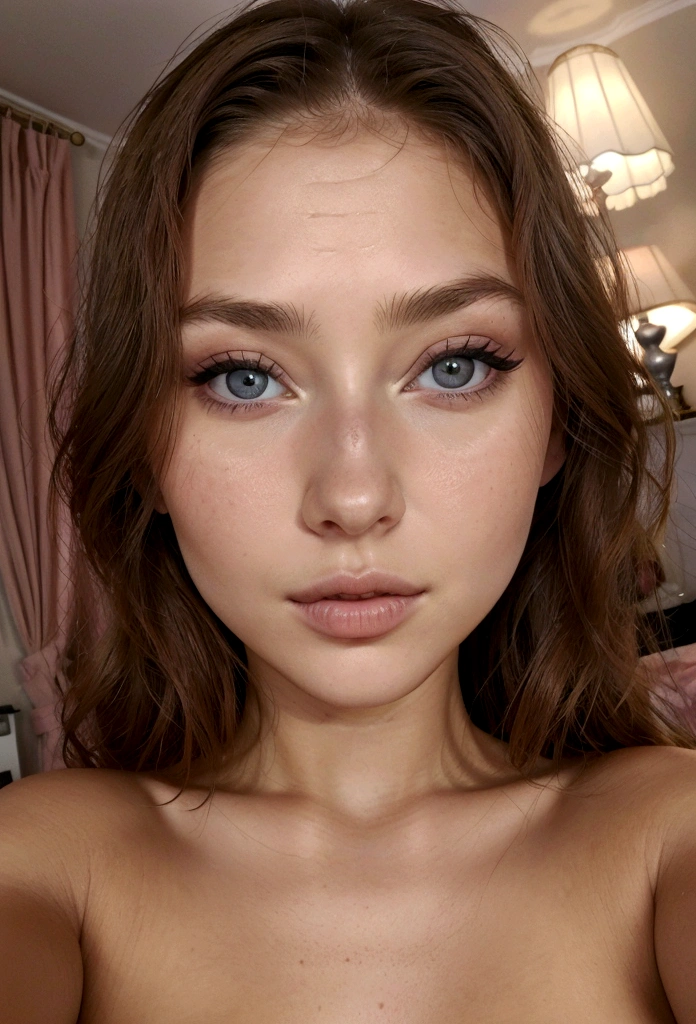  femme latine pleinement , fille sexy aux yeux marrons, ultra réaliste, Méticuleusement détaillé, portrait sophie mudd, cheveux bruns et grands yeux, selfie d&#39;une jeune femme, yeux de la chambre, violette myers, sans maquillage, maquillage naturel, regarder directement la caméra, visage avec artgram, maquillage subtil, superbe photo de tout le corps à genoux sur le lit, dans la chambre, Buste de taille moyenne à grande