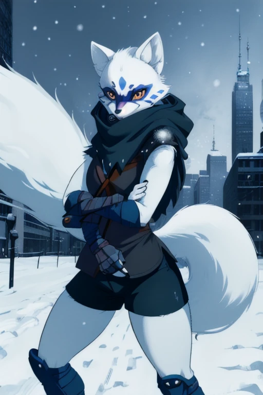 Alopex, arctic fox, tmnt, age mutant ninja turtles, blue mark face, orange eyes, girl1, solo, snow, city, black cloak, bandage, tail, black shorts