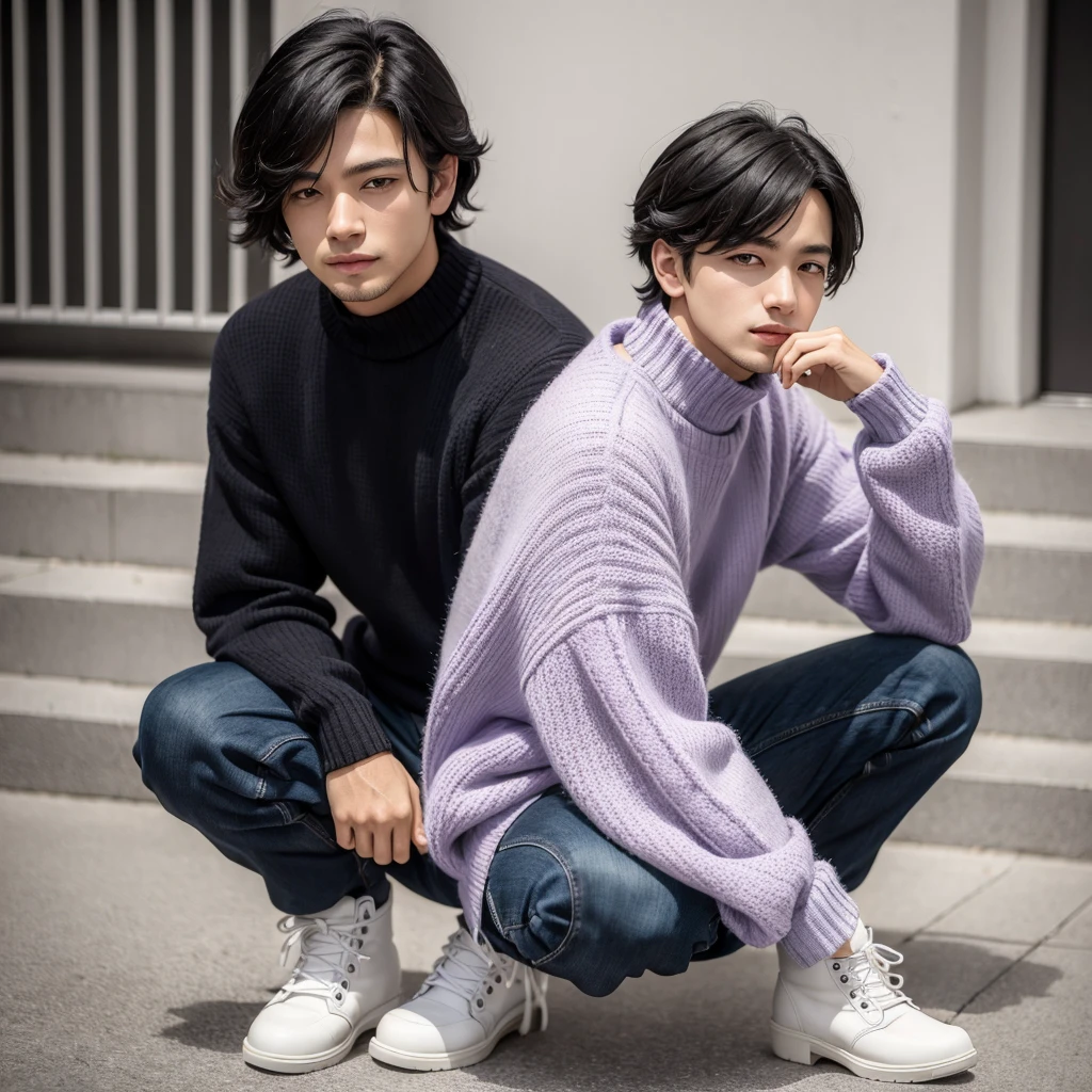 ((best qualityer)), ((work of art)), (detailded), 1 boy, Bblack hair, lilac ombro to ombro sweater, white boot 