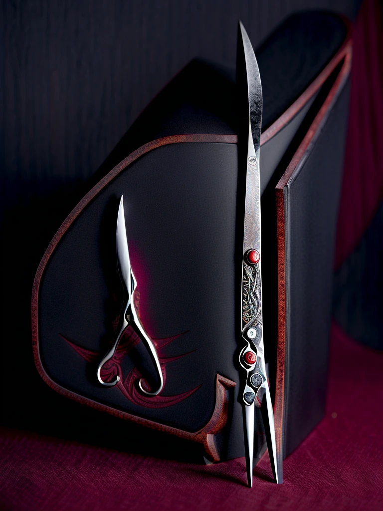 a colossal pair of scissors, much larger than any common scissors, with razor-sharp scarlet red blades that seem to almost pulse with a sinister energy. The edges of the blades are adorned with intricate black detailing, like tribal patterns or ancient runes, which give the weapon an even more threatening appearance.The handle of the scissors is made of a material as black as night., maybe a dark metal or a magical wood, and is carved with shadowy figures and ornamentation reminiscent of gargoyles or mystical creatures. The handle design is ergonomic, allowing the user to handle it with surprising ease despite its imposing size.Aura:The scissors emanate a dark and intimidating aura. A dark, turbulent mist seems to envelop the blades, occasionally releasing sparks of dark energy.