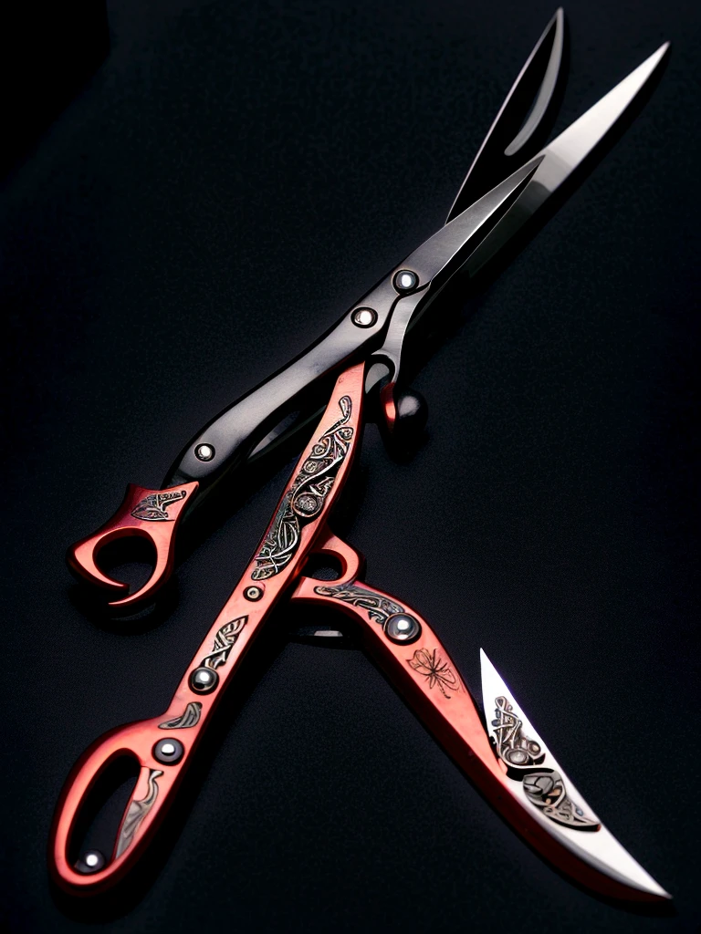 a colossal pair of scissors, much larger than any common scissors, with razor-sharp scarlet red blades that seem to almost pulse with a sinister energy. The edges of the blades are adorned with intricate black detailing, like tribal patterns or ancient runes, which give the weapon an even more threatening appearance.The handle of the scissors is made of a material as black as night., maybe a dark metal or a magical wood, and is carved with shadowy figures and ornamentation reminiscent of gargoyles or mystical creatures. The handle design is ergonomic, allowing the user to handle it with surprising ease despite its imposing size.Aura:The scissors emanate a dark and intimidating aura. A dark, turbulent mist seems to envelop the blades, occasionally releasing sparks of dark energy.
