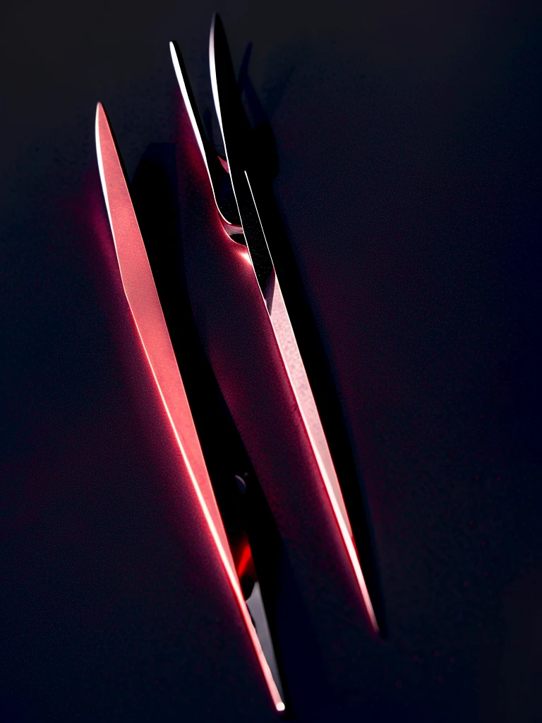 a colossal pair of scissors, much larger than any common scissors, with razor-sharp scarlet red blades that seem to almost pulse with a sinister energy. The edges of the blades are adorned with intricate black detailing, like tribal patterns or ancient runes, which give the weapon an even more threatening appearance.The handle of the scissors is made of a material as black as night., maybe a dark metal or a magical wood, and is carved with shadowy figures and ornamentation reminiscent of gargoyles or mystical creatures. The handle design is ergonomic, allowing the user to handle it with surprising ease despite its imposing size.Aura:The scissors emanate a dark and intimidating aura. A dark, turbulent mist seems to envelop the blades, occasionally releasing sparks of dark energy.