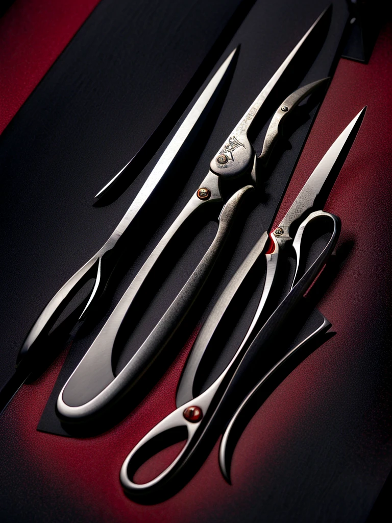  a colossal pair of scissors, much larger than any common scissors, with razor-sharp scarlet red blades that seem to almost pulse with a sinister energy. The edges of the blades are adorned with intricate black detailing, like tribal patterns or ancient runes, which give the weapon an even more threatening appearance.The handle of the scissors is made of a material as black as night., maybe a dark metal or a magical wood, and is carved with shadowy figures and ornamentation reminiscent of gargoyles or mystical creatures. The handle design is ergonomic, allowing the user to handle it with surprising ease despite its imposing size.Aura:The scissors emanate a dark and intimidating aura. A dark, turbulent mist seems to envelop the blades, occasionally releasing sparks of dark energy.