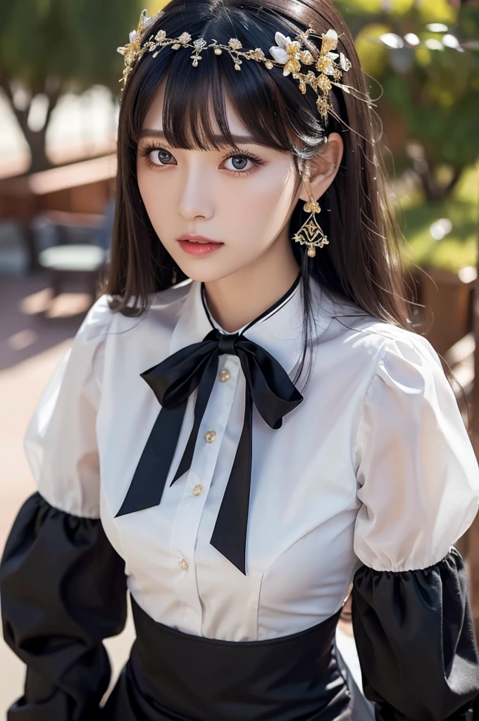 Highest quality, (Realistic:1.2), One girl, alone, Detailed face, Face Focus, Are standing, Black Hair,(hair ornaments:1.35),office lady, Sleeves edged with ribbon, Removable sleeves, Ribbon trim, Wide sleeves, (View your viewers:1.5) Long Hair, Iris, bangs, lips, (Her bra is visible underneath her shirt:0.4)