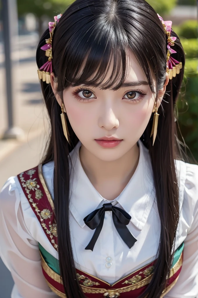 Highest quality, (Realistic:1.2), One girl, alone, Detailed face, Face Focus, Are standing, Black Hair,(hair ornaments:1.35),office lady, Sleeves edged with ribbon, Removable sleeves, Ribbon trim, Wide sleeves, (View your viewers:1.5) Long Hair, Iris, bangs, lips, (Her bra is visible underneath her shirt:0.4)