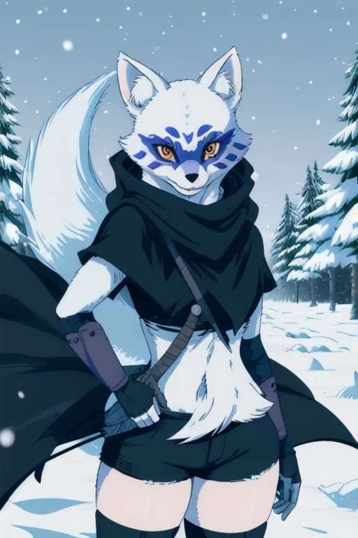 Alopex, arcticfox, tmnt, blue mark face, smile, orange eyes, girl1, solo, snow, park, black cloak, bandage, tail, black shorts 