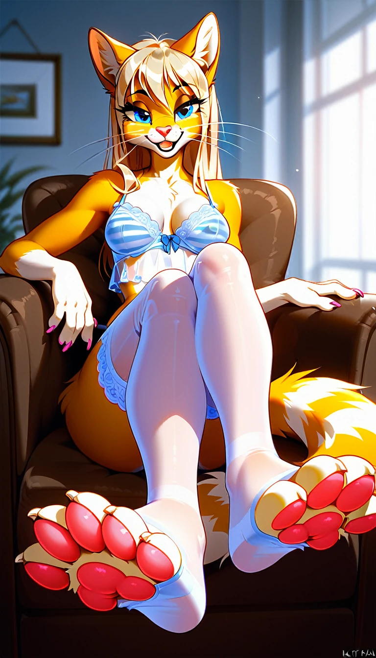 Solo, score_9, score_8_up,score_7_up, source_furry, Kat, Anthro furry feline girl, tall body, hourglass figure, adult female, blue eyes, silver fur, blonde hair with pony tail, (striped tail), white whiskers, pink nose, wearing elastic underwear, translucent lingerie, khaki fitted pants, barefoot, feet paws, 4 toes, pink paw pads, foot focus, ((paws in sexy stockings)), she is smiling, mouth open, looking relieved, sitting on a armchair, indoors, at hall