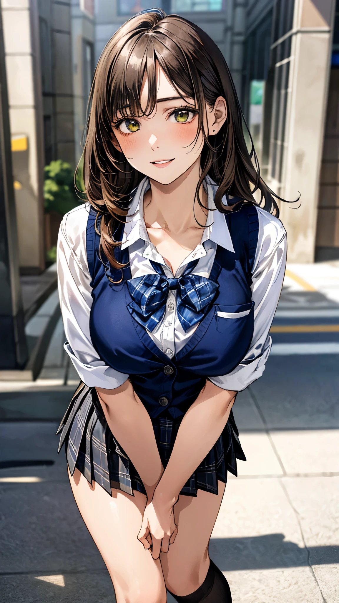 (masterpiece:1.3, top-quality, ultra high res, ultra detailed), (realistic, photorealistic:1.4), beautiful illustration, perfect lighting, natural lighting, colorful, depth of fields, surrealism,
beautiful detailed hair, beautiful detailed face, beautiful detailed eyes, beautiful clavicle, beautiful body, beautiful chest, beautiful thigh, beautiful legs, beautiful fingers, shiny skin, face,
looking at viewer, 1 girl, japanese, high school girl, (perfect anatomy, anatomically correct, super detailed skin), cute and symmetrical face, perfect face, perfect eyes,
(long hair, straight hair, sidelocks, daek brown hair), bangs, yellow green eyes, drooping eyes, big eyes, long eyelashes, (large breasts:1.2, seductive thighs), slender, outstanding style,
((detailed cloth texture, break,break, white collared shirt, break,break, light brown knit vest, break,break, navy plaid pleated skirt, break,break, blue bow tie), break,break, white socks, black loafer),
(beautiful scenery), evening, (downtown), standing, leaning forward, (arms behind back), (lovely smile, parted lips),
