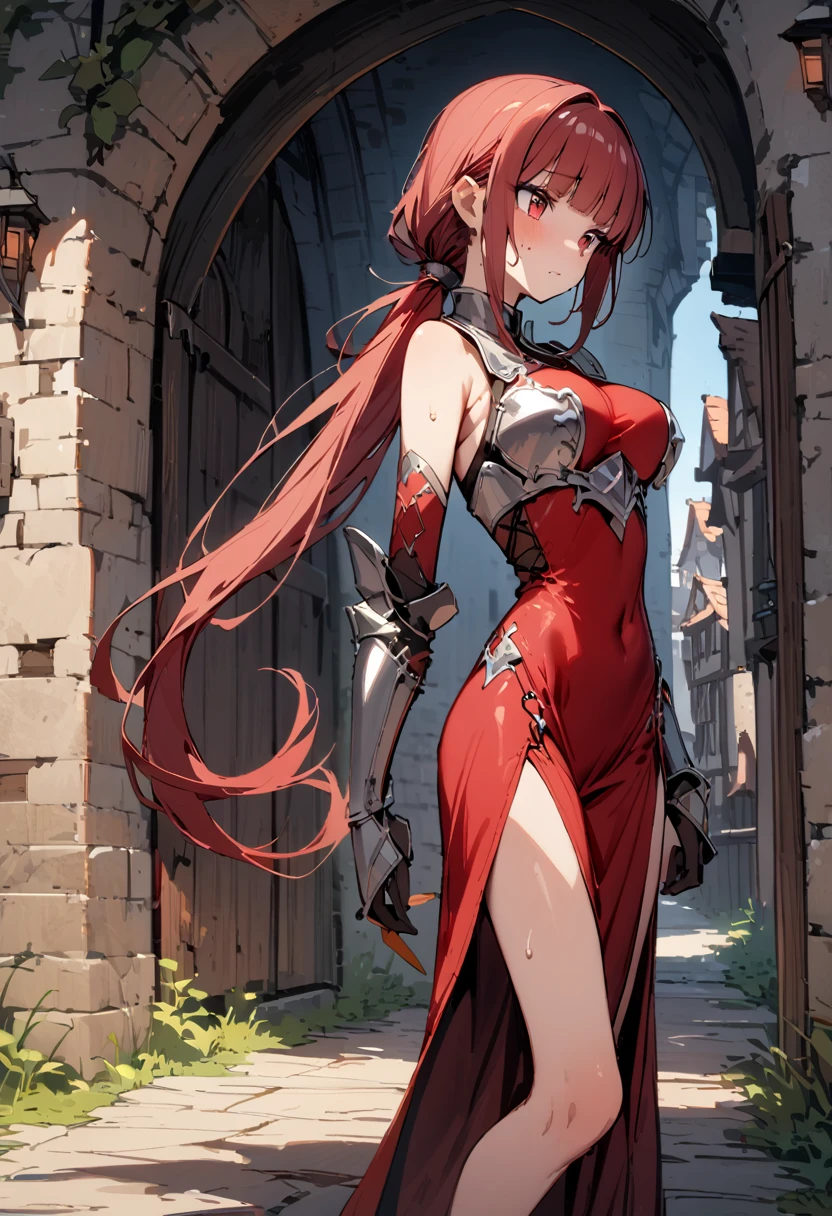 ((masterpiece,Highest quality:1.3)),cowboy shot,1woman,30 year old beauty,female knight、独奏,((very small head:1.3)),red hair,long hair,low ponytail,blunt bangs,red eyes,gorgeous eyes,shy,medium breasts,((very long body:1.3)),((toned body,slender body,skinny)),gleaming skin,shiny skin,sweat,knight armor、Iron Gauntlets、Red Skirt、slit、standing,city、Medieval Europe、