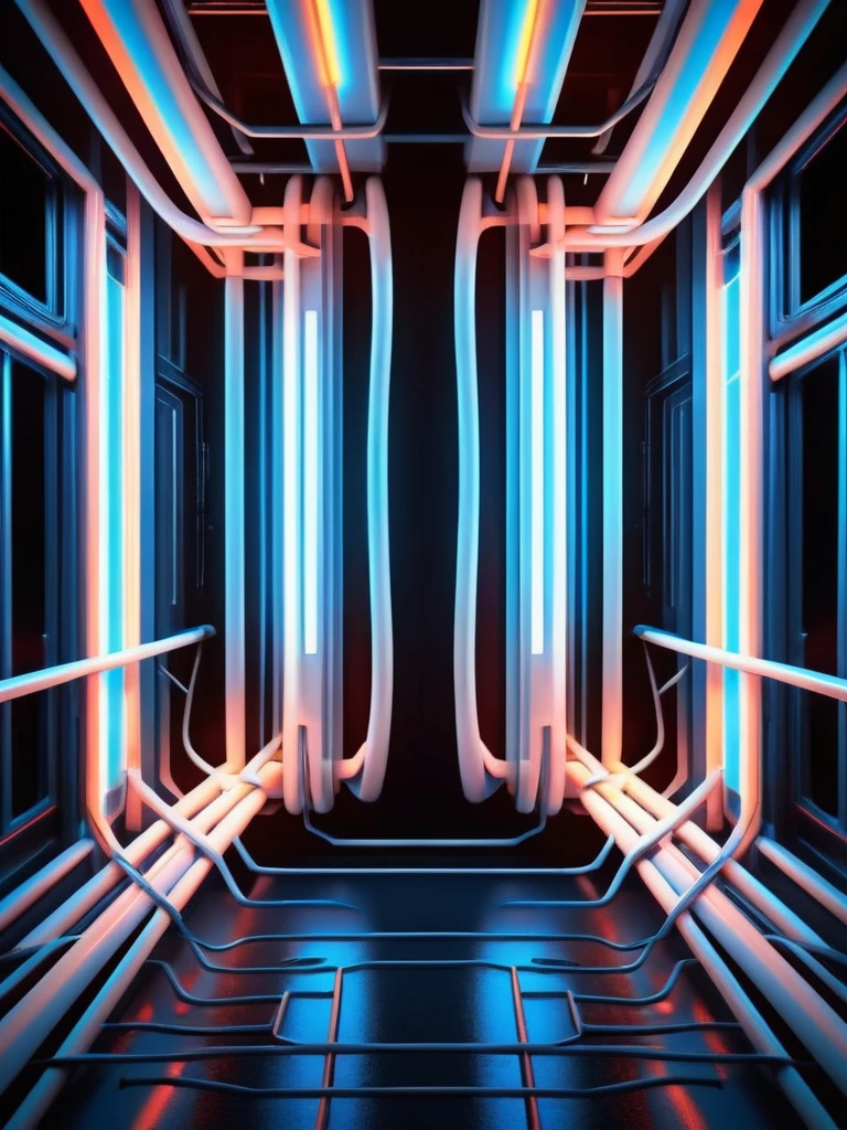 streaming background, infernal themed futuristic background image, cables hell neon, symmetrical image, hell, White wall, negro, blue, wall in the background