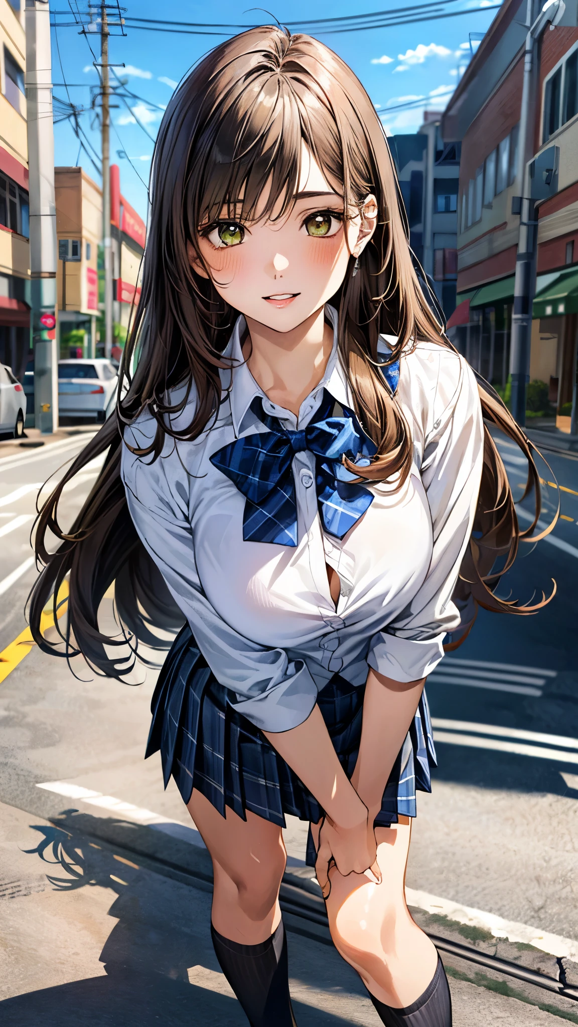 (masterpiece:1.3, top-quality, ultra high res, ultra detailed), (realistic, photorealistic:1.4), beautiful illustration, perfect lighting, natural lighting, colorful, depth of fields, surrealism,
beautiful detailed hair, beautiful detailed face, beautiful detailed eyes, beautiful clavicle, beautiful body, beautiful chest, beautiful thigh, beautiful legs, beautiful fingers, shiny skin, babyface,
looking at viewer, 1 girl, japanese, high school girl, (perfect anatomy, anatomically correct, super detailed skin), cute and symmetrical face, perfect face, perfect eyes,
(long hair, straight hair, sidelocks, daek brown hair), bangs, yellow green eyes, drooping eyes, big eyes, long eyelashes, (large breasts:1.2, seductive thighs), slender, outstanding style,
((detailed cloth texture, break,break, white collared shirt, break,break, light brown knit vest, break,break, navy plaid pleated skirt, break,break, blue bow tie), break,break, white socks, black loafer),
(beautiful scenery), evening, (downtown), standing, leaning forward, (arms behind back), (lovely smile, parted lips),
