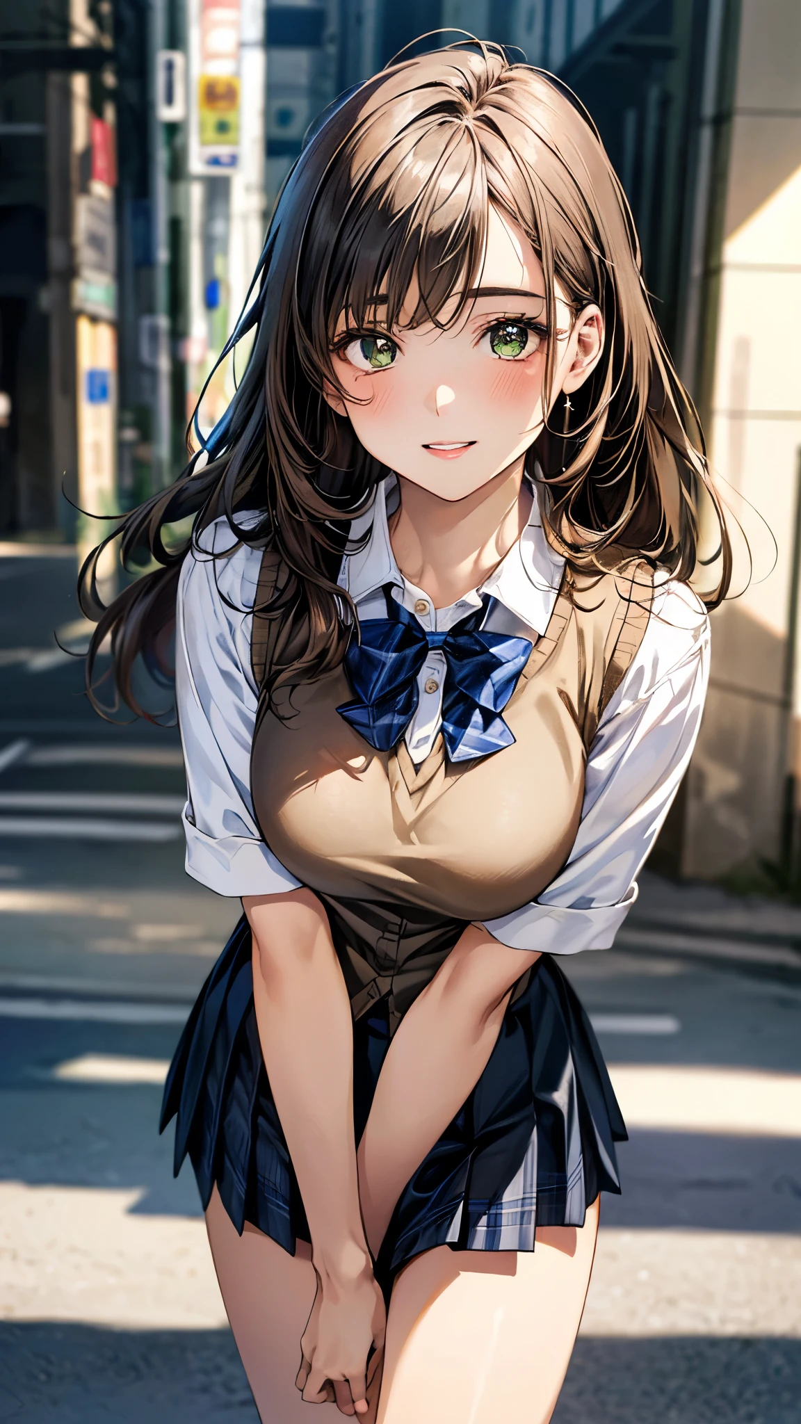 (masterpiece:1.3, top-quality, ultra high res, ultra detailed), (realistic, photorealistic:1.4), beautiful illustration, perfect lighting, natural lighting, colorful, depth of fields, surrealism, 
beautiful detailed hair, beautiful detailed face, beautiful detailed eyes, beautiful clavicle, beautiful body, beautiful chest, beautiful thigh, beautiful legs, beautiful fingers, shiny skin, babyface, 
looking at viewer, 1 girl, japanese, high school girl, (perfect anatomy, anatomically correct, super detailed skin), cute and symmetrical face, perfect face, perfect eyes, 
(long hair, straight hair, sidelocks, daek brown hair), bangs, yellow green eyes, drooping eyes, big eyes, long eyelashes, (large breasts:1.2, seductive thighs), slender, outstanding style, 
((detailed cloth texture, break,break, white collared shirt, break,break, light brown knit vest, break,break, navy plaid pleated skirt, break,break, blue bow tie), break,break, white socks, black loafer), 
(beautiful scenery), evening, (downtown), standing, leaning forward, (arms behind back), (lovely smile, parted lips),