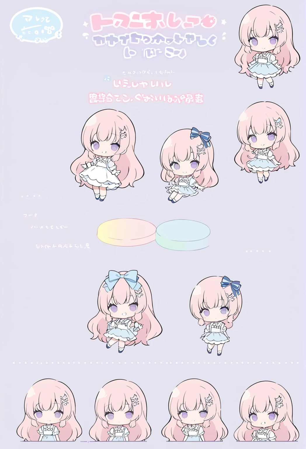 1girl, Best quality, long hair, pink hair, purple eyes, pink, blue and white dress, blue ribon bow, cute hair pin, grin, chibi style, simple backgorund, multiple views of the same character,model sheet,chatacter sheet. The artwork should be characterized by minimalistic, rounded line art and pastel colors. The character should have exaggerated, endearing features, and the items should be stylized yet recognizable, sanrio style