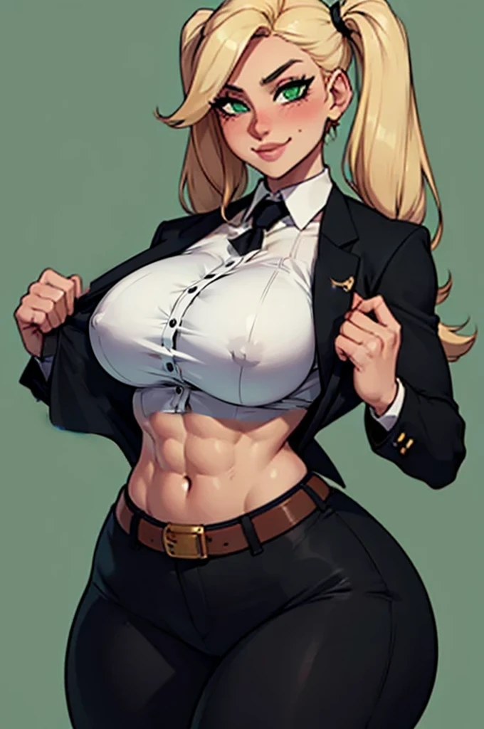 a small chested girl with muscular body,faint six pack,wide hips,thick thighs,blonde hair,green eyes,plain background,black and white business suit,suit pants,belt,smiling,heavy blush,pigtails