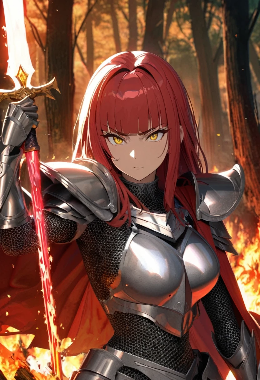 Mature woman, perfect anatomic draw, perfect eyes, long red hair, yellow eyes, serious face, straight bangs down, sacred knight, silver armor, chain mail, great fire sword, brave pose, inponent, fire underground, fire powers, burned everywhere, in the forest, day, red cape, 8k, high quality, full HD.