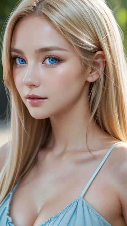 profile view, Crazy about Love, 14 years old , summer dress with ruffles, Super beautiful Scandinavian blonde girl, has cleavage, standing, arms behind head, blows between the eyes、Super Long Straight Platinum Blonde Hair、low contrast, (a shy smile:0.8), of the highest quality, ultra high resolution, realistic photos, Very detailed, 8k, RAW Photos, perfect anatomy、so beautiful, bright, bright light blue eyes、cheek glow highlight、very big eyes、small face beauty