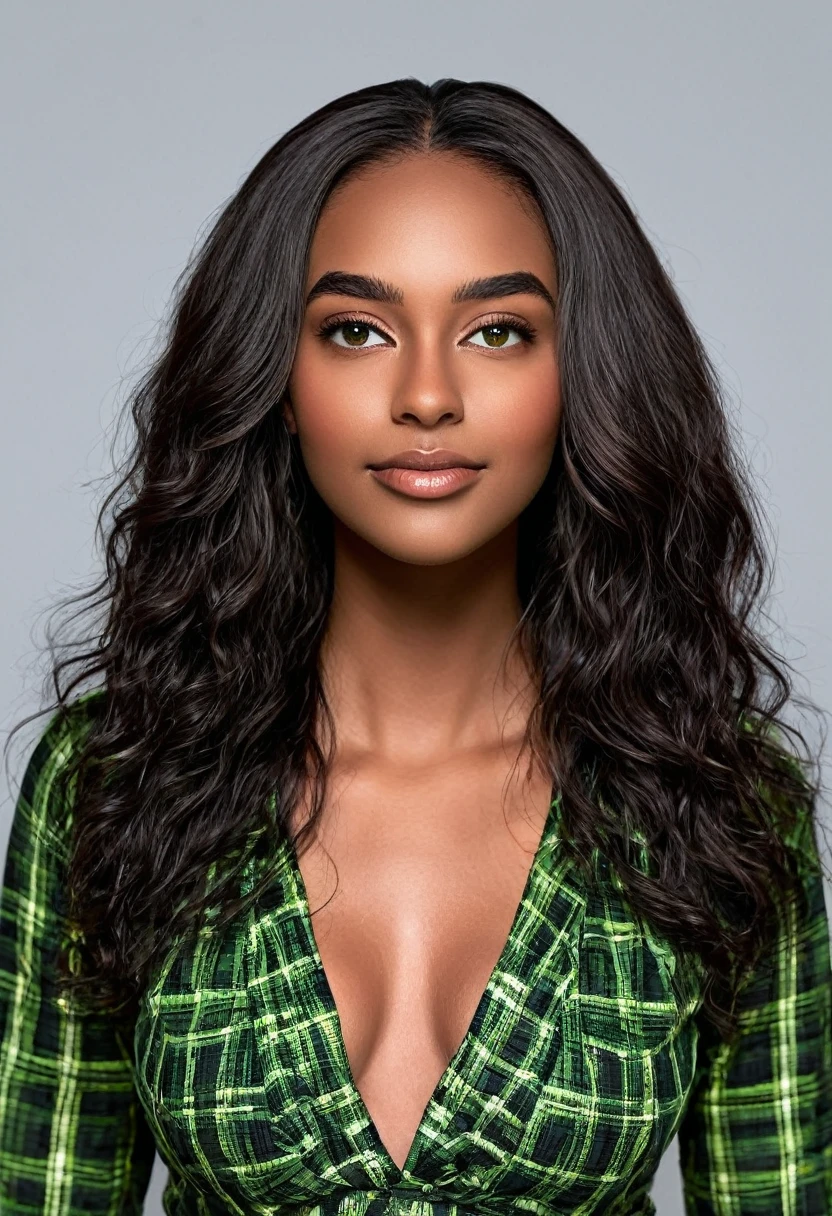 a beautiful woman, gorgeous latina face, young Brazilian Nyvi Estephan, brazilan supermodel, serene and elegant beauty, Angolan descent, 30 year old young adult, nerdy woman, tall woman, uma mulher negra dazzling, with indigenous traits, beautiful indigenous, native Brazilian, ((A European ebony indigenous African girl)), ((Your beauty is undeniable)), beautiful young dark-skinned ebony, tanned mexican, long black hair with brown highlights, black curly hair with brown highlights, black voluminous hair with brown highlights, Vibrant, sonorous cut with soft ripples can add a modern and stylish touch. has an exotic beauty with beautiful green eyes, green realistic eyes, extended green eyes, ultra detailed green eyes, ultra realistic green eyes, natural green eyes, ultra specific iris, perfects eyes, Perfect iris, hyper realistic eyes, eyeliner, long and defined sophisticated, penetrating gaze that conveys confidence, memorable, powerful expression, strong presence, maquiagem memorable, fleshy lips, bulky, seductive lips, captivating, memorable, unforgettable, dazzling, mischievous grin, wide smile, seus traços são captivatings, subtle smile on lips , beautiful and detailed face, detailed skin texture, Notice your perfectly shaped eyebrows, that arches gracefully above the eyes, small nose that is proportionate to the face and a soft contour of the face that accentuates high cheekbones. Beautiful and glowing skin, details Intricate, unsmooth skin, healthy and radiant appearance, Attractive slim woman, medium bust, medium and beautiful breasts, athletic physique, smooth belly, Waist slender, huge hips, Broad Hips, big-ass, thick-thighs, legs shapely concept art. Wear a plaid shirt with long sleeves, short black latex skirt and long black knee-high boots.3d 4k, high resolution, Full photo realistic sharpness, breath-taking, Sharp lens, Photographie professionnelle