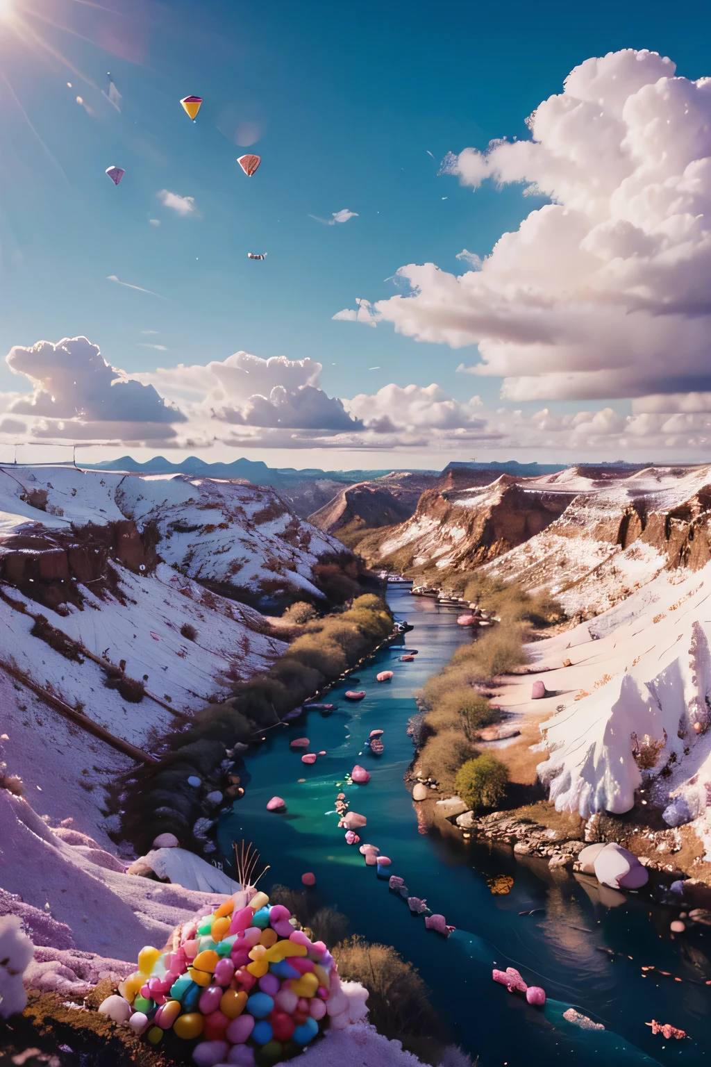 A whimsical, candy-coated landscape with chocolate rivers, gumdrop mountains, and cotton candy clouds