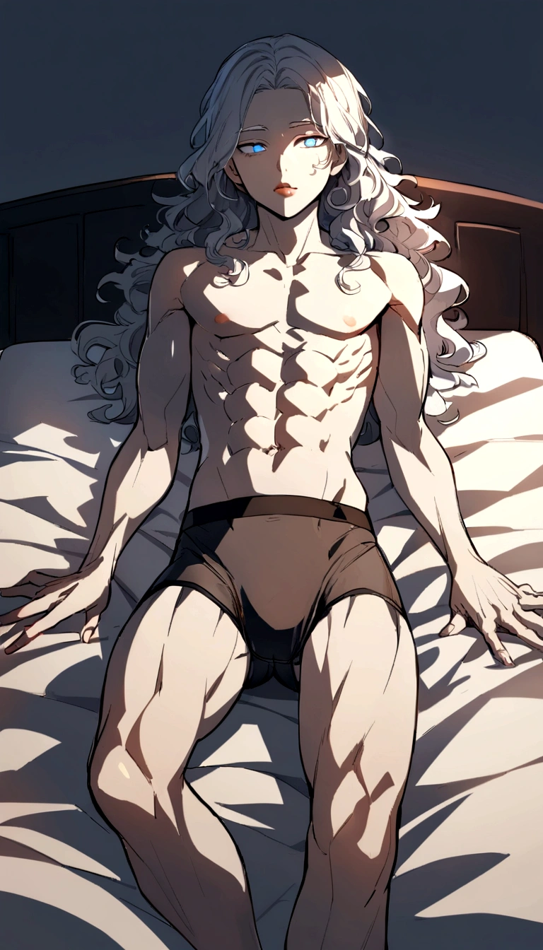 ultra high detailed face, dark portrait of a handsome boy, , shirtless, bare chest, Without beard, with dark messy wavy hair, super light blue eyes, pale white skin, light eyes, white eyes, thick lips, defined muscles, fit, torn body, full body shot, evening, darmatic lighting, Luz outfit, tight short boxer-panties, tight underwear, panties, tight, lie face up in bed, legs open