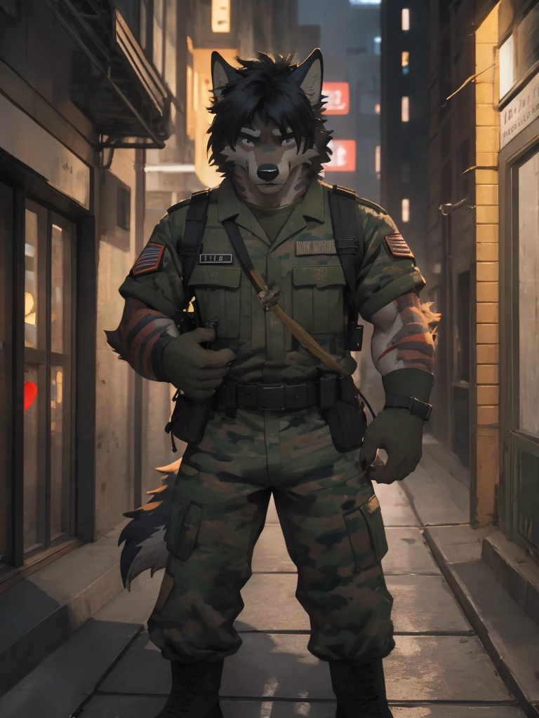 Male, male focus, wolf, short hairs, black fur, white fur, black hair, Red heart stripes on his hair, military uniform, high quality, highlight, shade, shadow, city street, night, scars, high details, Very high level of detail, Very detailed shading