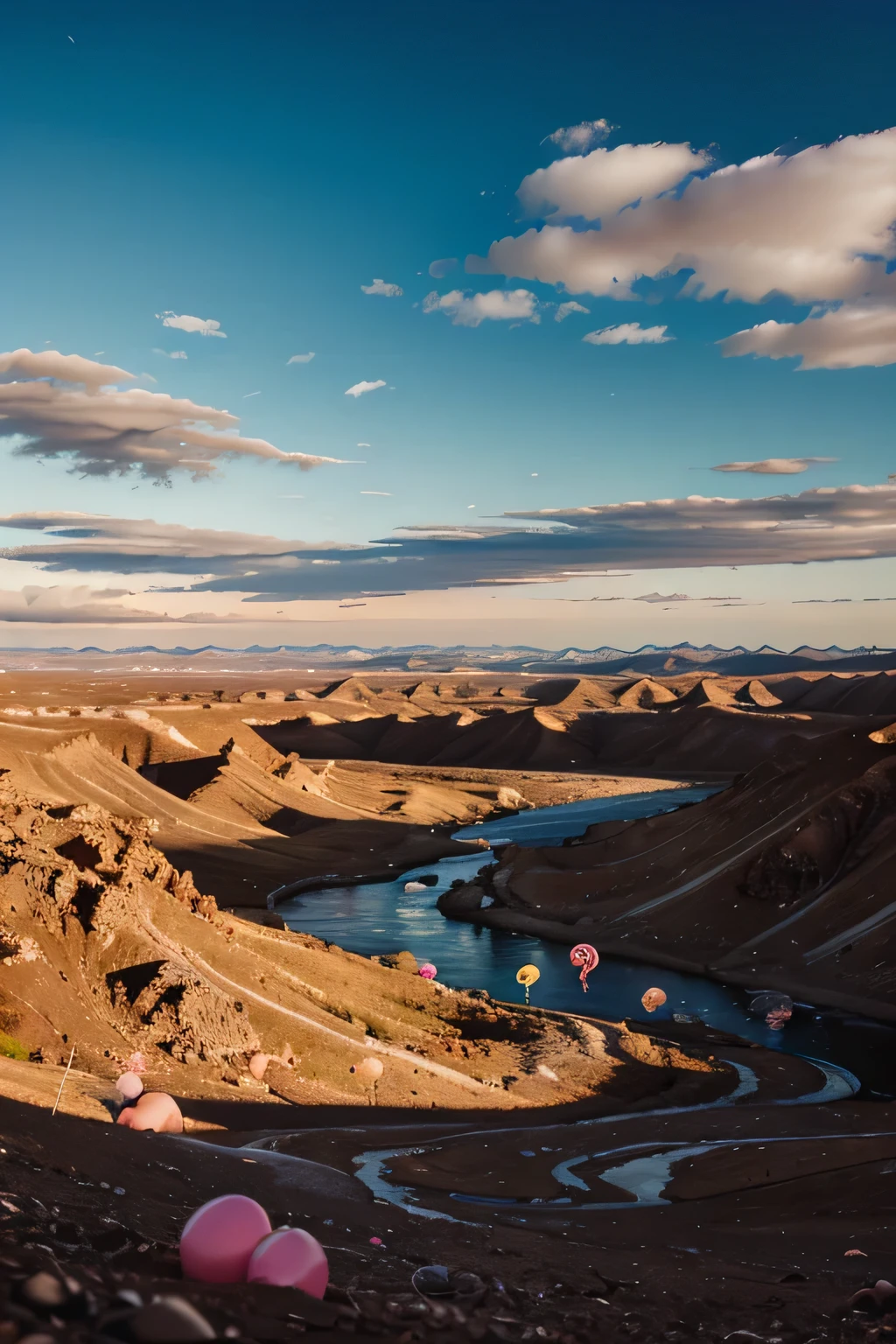 A whimsical, candy-coated landscape with chocolate rivers, gumdrop mountains, and cotton candy clouds