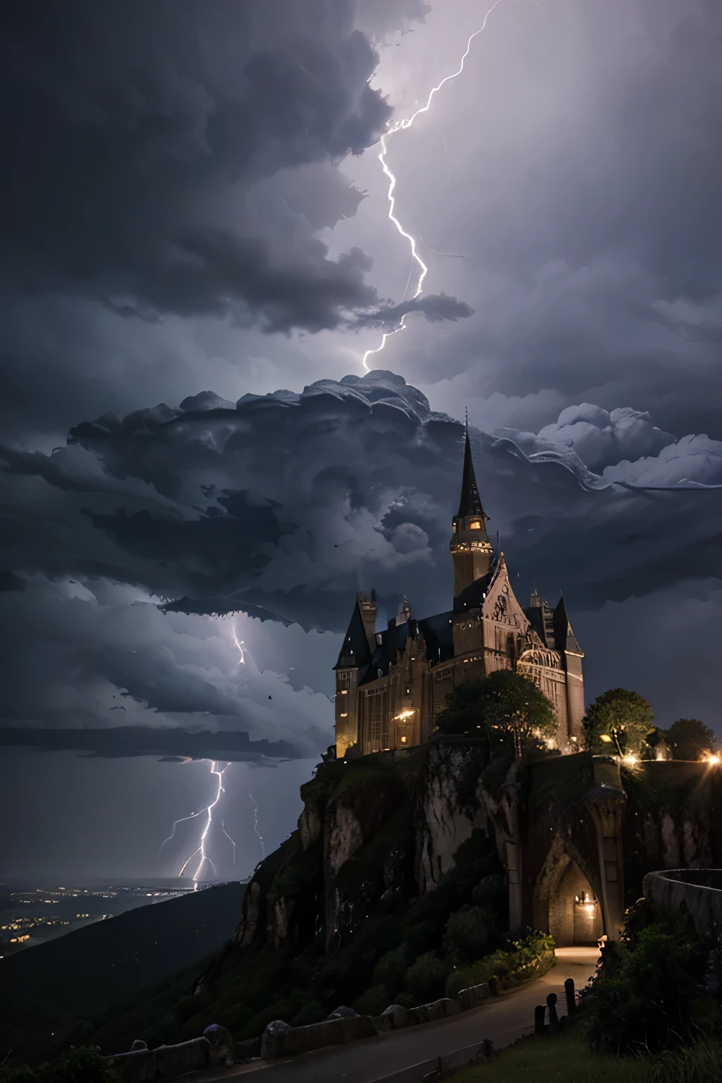 A gothic castle on a cliff during a thunderstorm, with lightning illuminating the dark sky and eerie gargoyles on the battlements.
