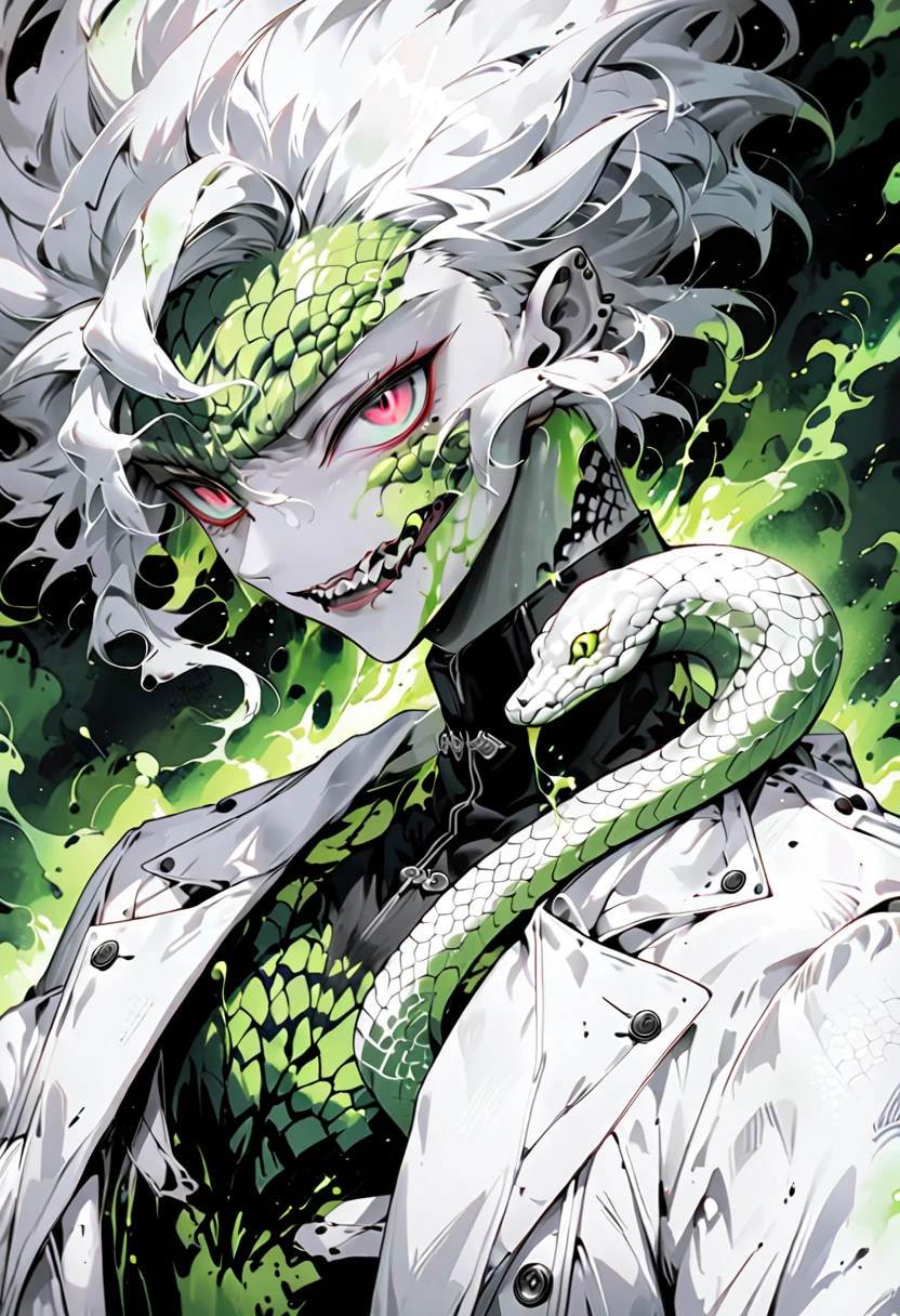 enerate an anime-style illustration of a age male character with the appearance of a Gorgon. He should have pale skin, sharp facial features, and a monstrous look, with green scales covering parts of his face and body. His hair should be made entirely of slender, elegant white snakes with subtle green highlights, all oozing a green liquid aura. The snakes should have piercing red eyes. The character should be wearing a white trench coat hoodie with accents of green, creating a harmonious green and white color theme. He should have a sinister grin on his face. Please ensure that the overall aesthetic remains true to traditional anime art style