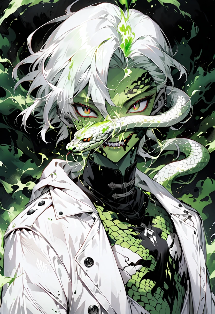 enerate an anime-style illustration of a teenage male character with the appearance of a Gorgon. He should have pale skin, sharp facial features, and a monstrous look, with green scales covering parts of his face and body. His hair should be made entirely of slender, elegant white snakes with subtle green highlights, all oozing a green liquid aura. The snakes should have piercing red eyes. The character should be wearing a white trench coat hoodie with accents of green, creating a harmonious green and white color theme. He should have a sinister grin on his face. Please ensure that the overall aesthetic remains true to traditional anime art style