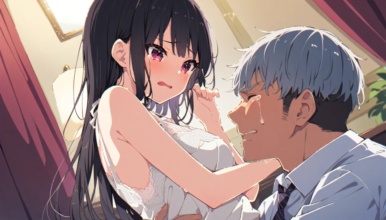 Long black haired girl、20age、clear、White luxurious lace long slip、In underwear、A middle-aged man forcefully hugs and kisses her、Cowgirl、Private room、Shyness、Crying face、resistance、fear