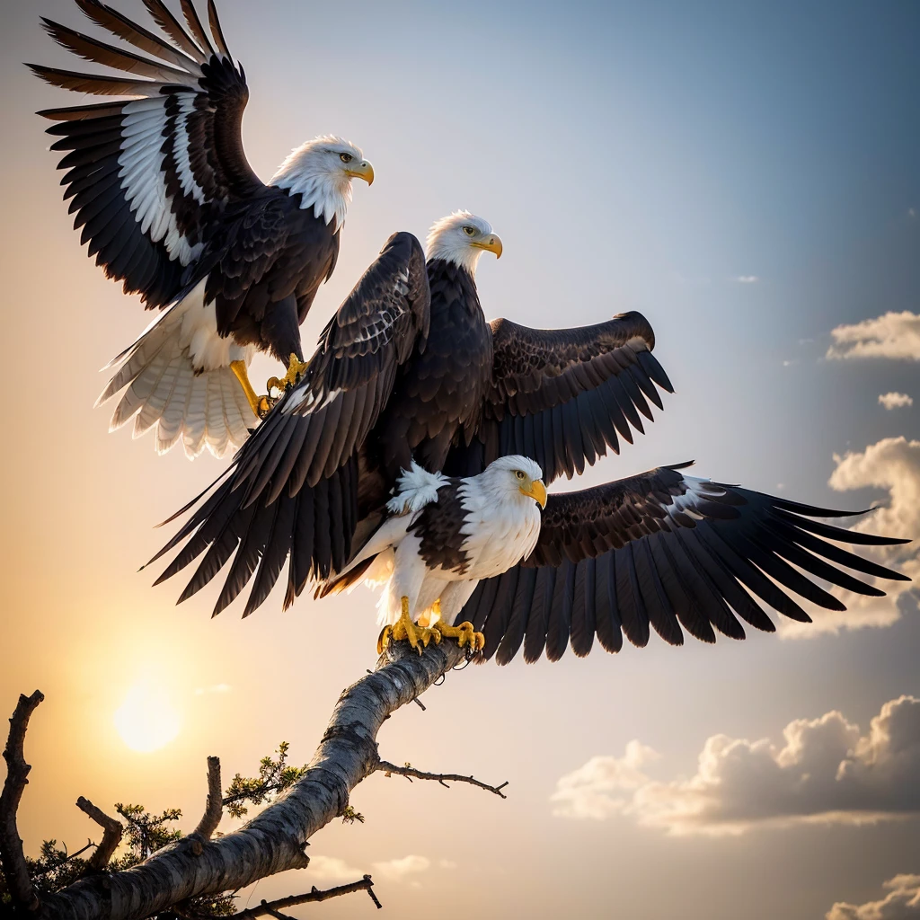 Create a majestic eagle perched in a sturdy nest atop a large, dry branch during a sunset. The eagle should appear powerful and commanding, with its wings spread wide and ready to take flight, looking directly at the viewer with intense eyes, and its beak pointed towards the observer. Its ????? should bear a tattoo of the coat of arms of São Jorge, adding a symbolic element. Its feathers should be ruffled by the wind. The background should feature a dramatic sunset sky with bright orange tones, illuminated by the golden light of 5 PM. The lighting should highlight the eagle's feathers and create dramatic shadows on the nest and branch. Use an earthy color palette with accents of gold and gray.





