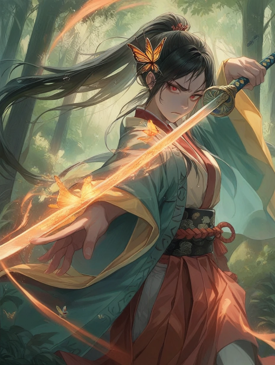1female, 20 years old, Asian golden red eyes, thin eyes, yellowish skin, long black hair in a high ponytail, orange butterfly hairpin, bangs, turquoise Japanese haori, pale red Japanese hakama pants, long sleeves, Japanese belt with butterfly ornaments, odachi Japanese sword with fire magic, stern expression, concentration, forest around, fire magic, butterflies