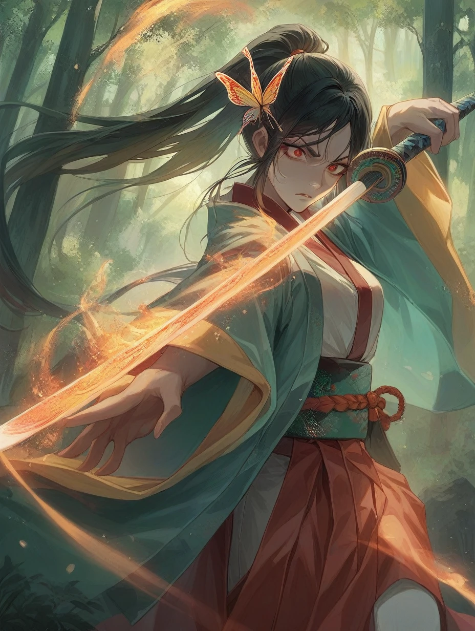 1female, 20 years old, Asian golden red eyes, thin eyes, yellowish skin, long black hair in a high ponytail, orange butterfly hairpin, bangs, turquoise Japanese haori, pale red Japanese hakama pants, long sleeves, Japanese belt with butterfly ornaments, odachi Japanese sword with fire magic, stern expression, concentration, forest around, fire magic, butterflies 