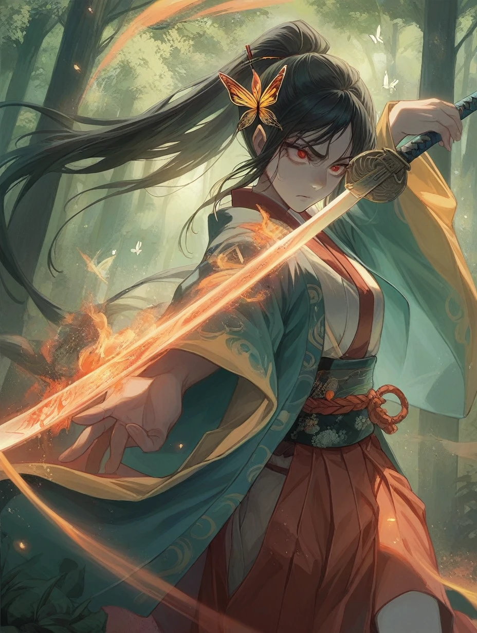 1female, 20 years old, Asian golden red eyes, thin eyes, yellowish skin, long black hair in a high ponytail, orange butterfly hairpin, bangs, turquoise Japanese haori, pale red Japanese hakama pants, long sleeves, Japanese belt with butterfly ornaments, odachi Japanese sword with fire magic, stern expression, concentration, forest around, fire magic, butterflies