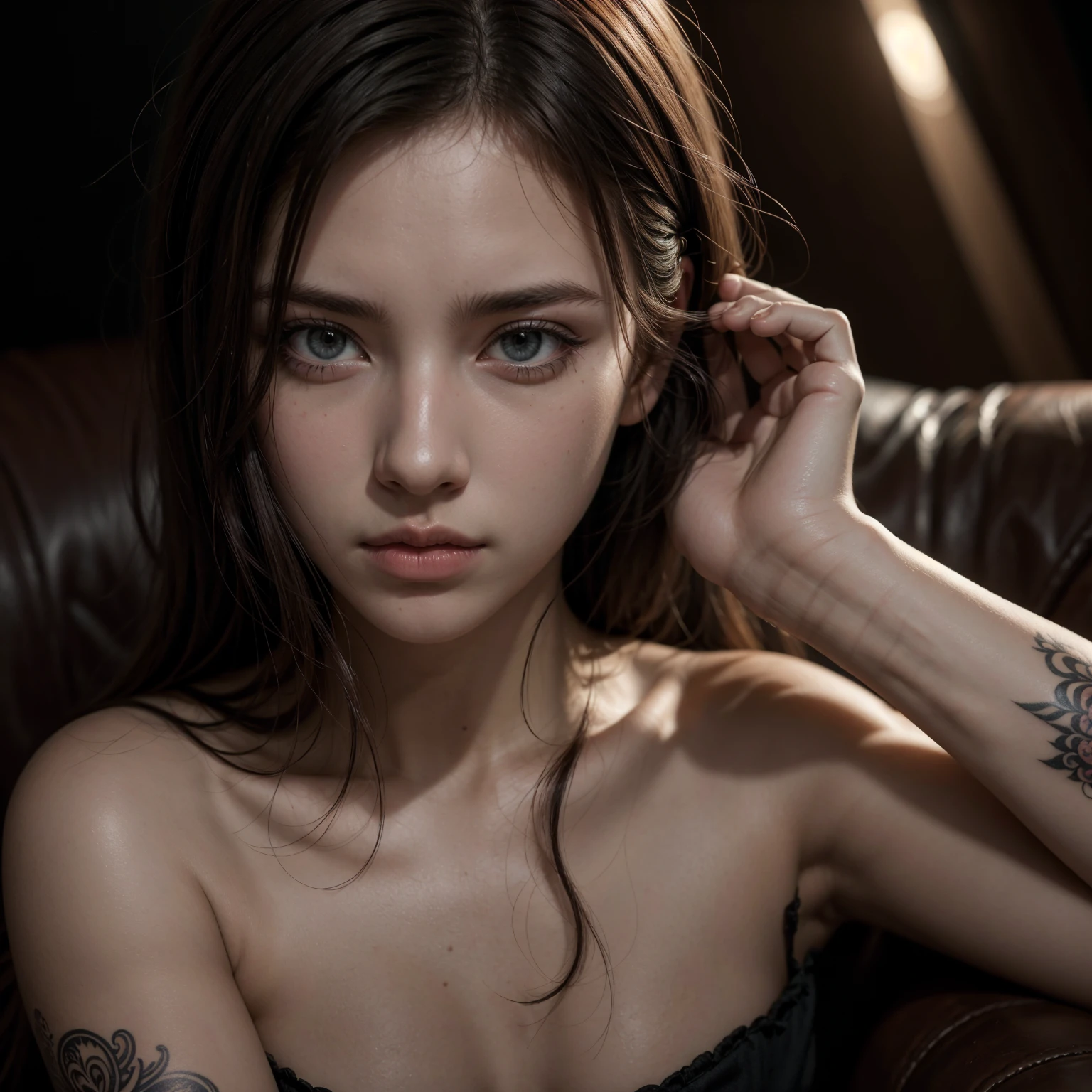 a beautiful woman with full sleeve tattoos, sitting seductively on a sofa, detailed facial features, (best quality,4k,8k,highres,masterpiece:1.2),ultra-detailed,(realistic,photorealistic,photo-realistic:1.37),HDR,UHD,studio lighting,ultra-fine painting,sharp focus,physically-based rendering,extreme detail description,professional,vivid colors,bokeh,portrait,cinematic lighting,dramatic shadows,warm color palette,chiaroscuro