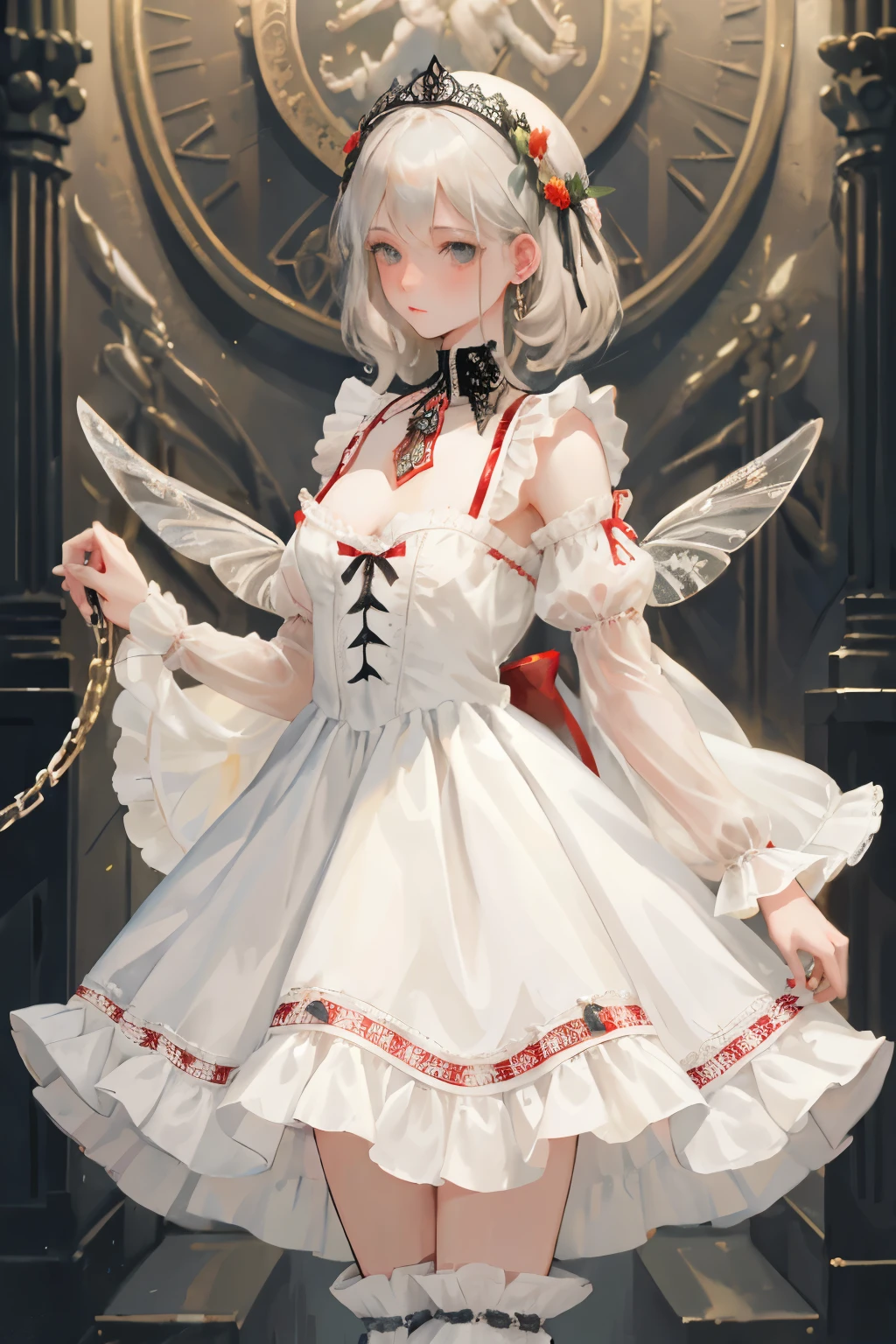 ((best quality)), ((masterpiece)), (detailed), a heavenly female knight, imposing, biblical, NSFW, long white grey hair, grey white eyes, very skinny, detailed, best quality, prominent collarbones, skinny arms, flat stomach, visible hip bones, small breasts, full body, red and white clothing, occult aesthetic, occult, detailed and intricate steampunk and detailed gothic, NSFW, Fluttering lace flared long knee length dress with frilly petticoats, knee length dress, pleated petticoats, petticoats gothic, complex lace boots, gothic aesthetic, wielding a mighty sword with mechanical components, mandalas, small breasts, a fairy, various different types of insect wings, bug wings, beetle wings, NSFW, full body, whole body, body, chains,