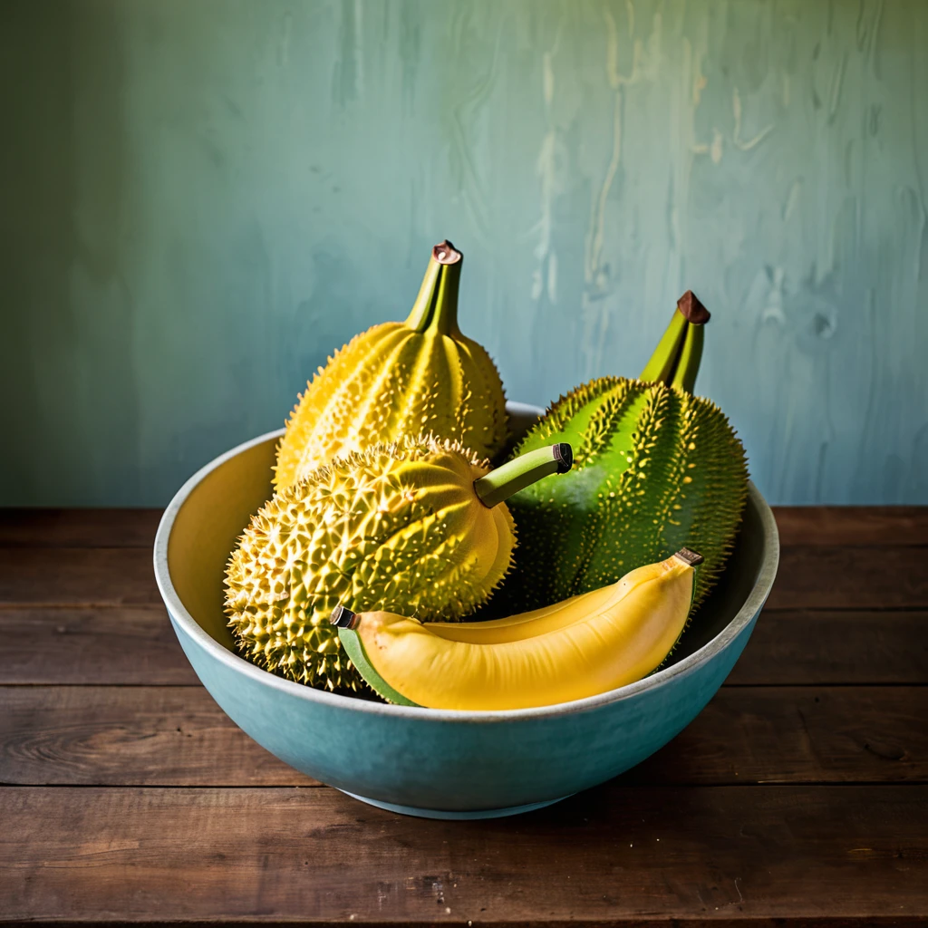 original photograph of 2 jackfruits in a fruit bowl.