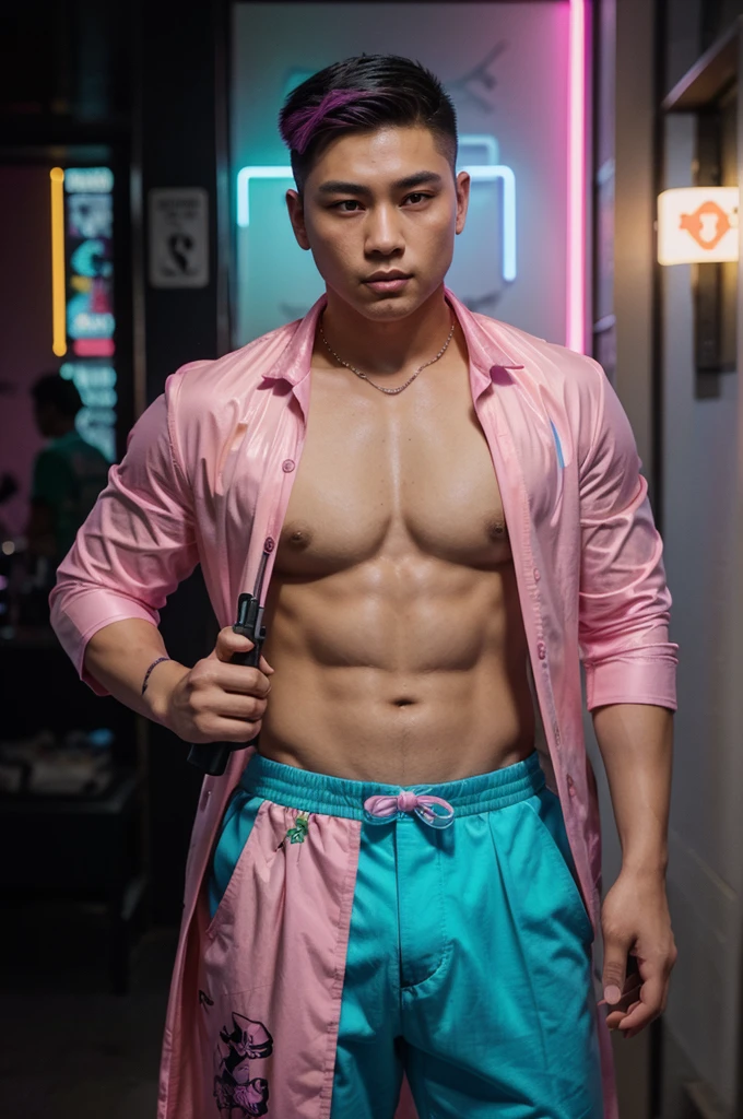 This image features a neon illustration of a young, stocky Asian man with undercut hair, holding a gun in his right hand. The man is decorated with various elements, including what appears to be a fluttering figure in the chest area of ​​the garment. The color palette consists of pinks and purples which create a striking visual effect.