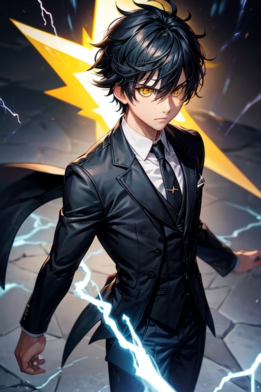 Elementary rays male character, with powers of shadow and lightning, (blackquality hair ),(yellow eyes) short-hair