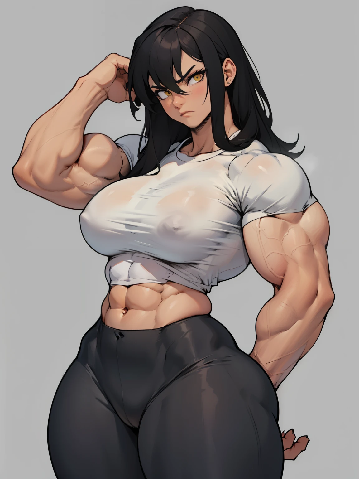 huge breasts huge breasts huge muscles muscular girl toned body bodybuilder grey background leggings tight shirt black hair yellow eyes pale skin long hair wide hips curvy thick thighs thick thick thick thick tight sad frown expressionless